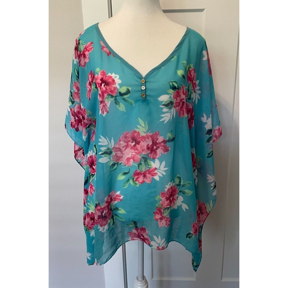 TALBOTS Womens Poncho TOP Short Sleeve BLUE Pink Green FLORAL Size S/M